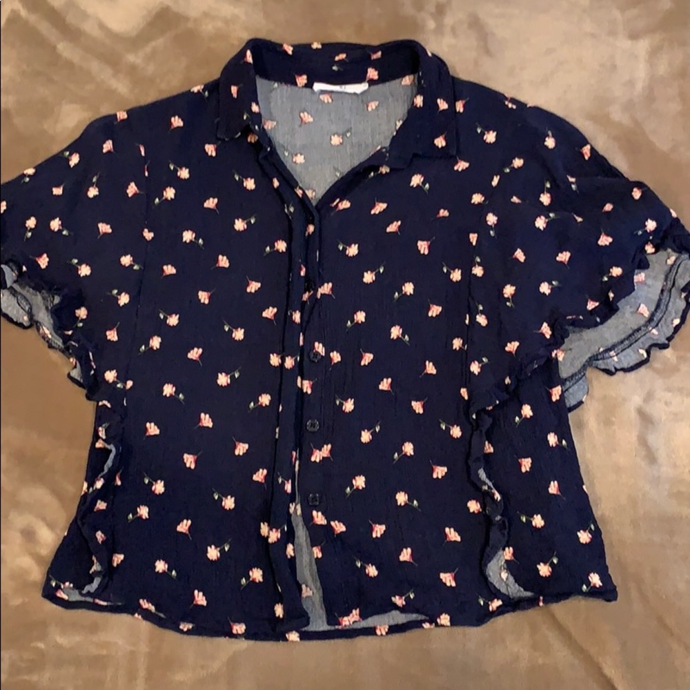 Navy blue floral ruffle collar shirt